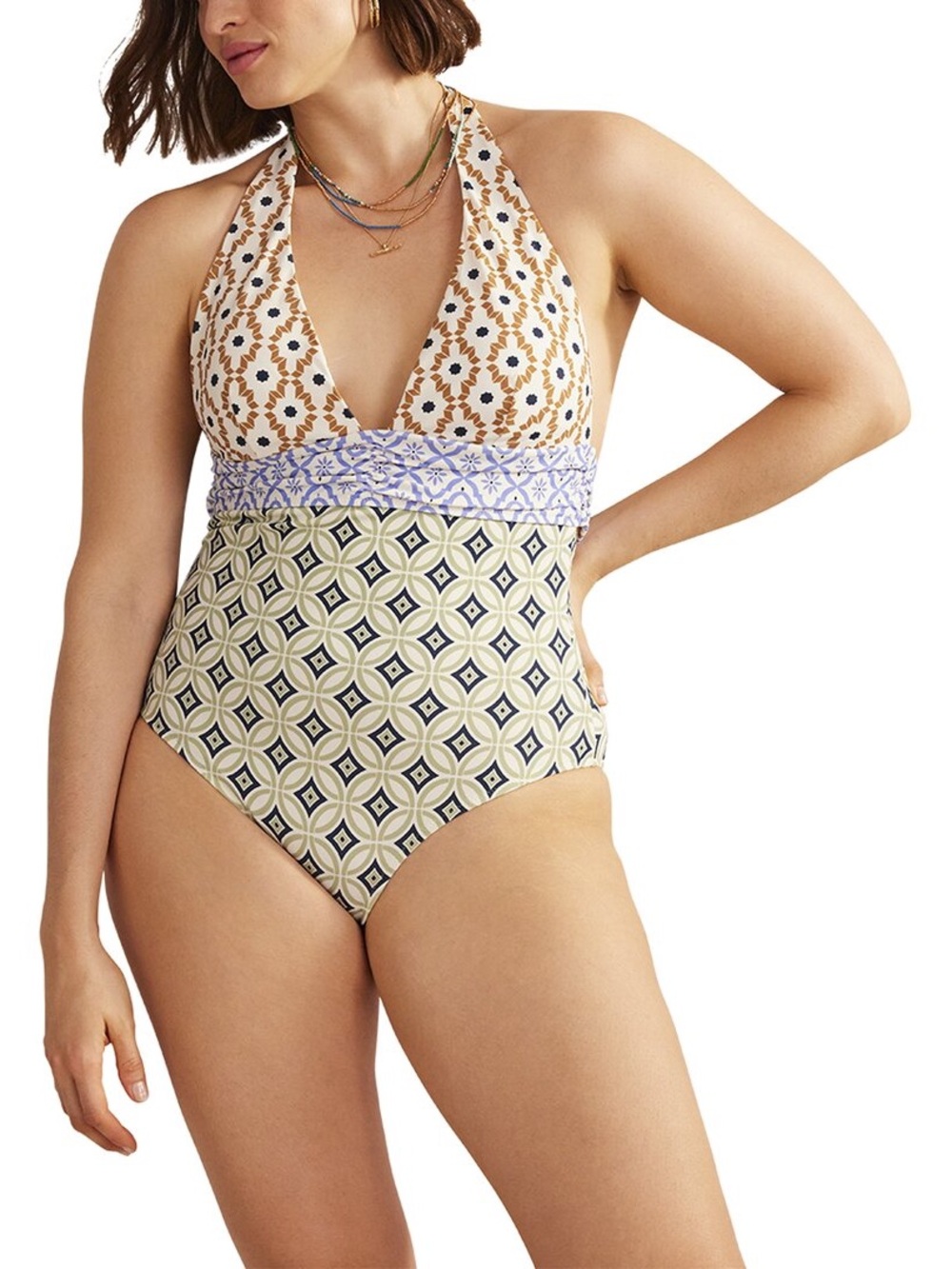 Boden Multicolored Bow Detail Halter Swimsuit in Geo Print Multicolor One Piece